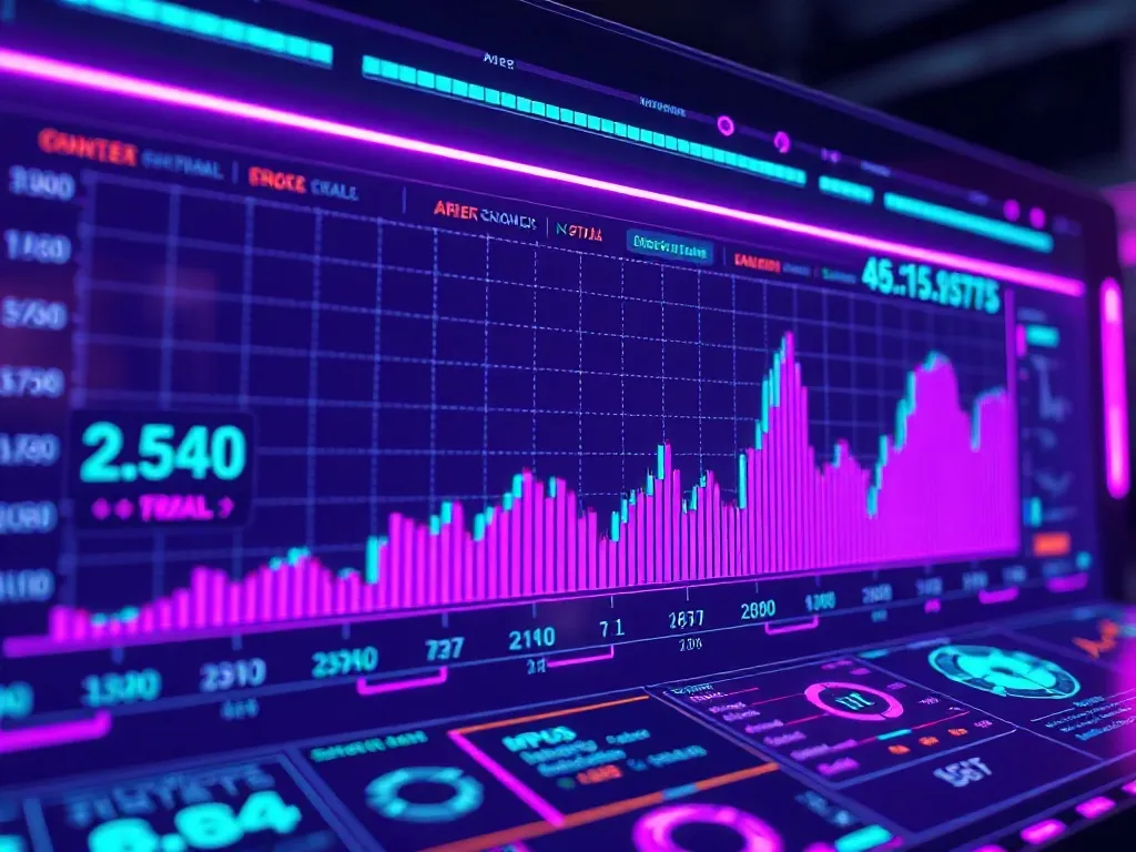 A futuristic digital interface showing financial charts and