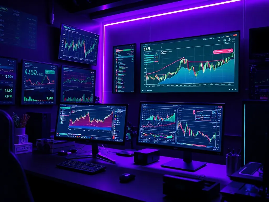 A professional high-tech workspace with multiple computer mo