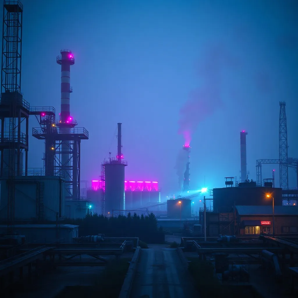 A cinematic wide shot of a modern industrial landscape in No